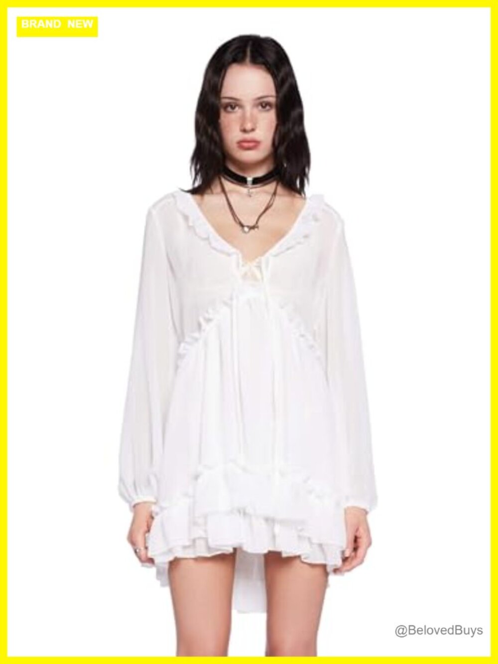 Sheer Chiffon Babydoll Mini Dress Ruffle Long Sleeve Party